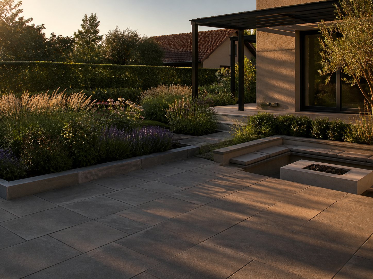 Visualisation of a residential garden with terrace, pergola and perennial planting
