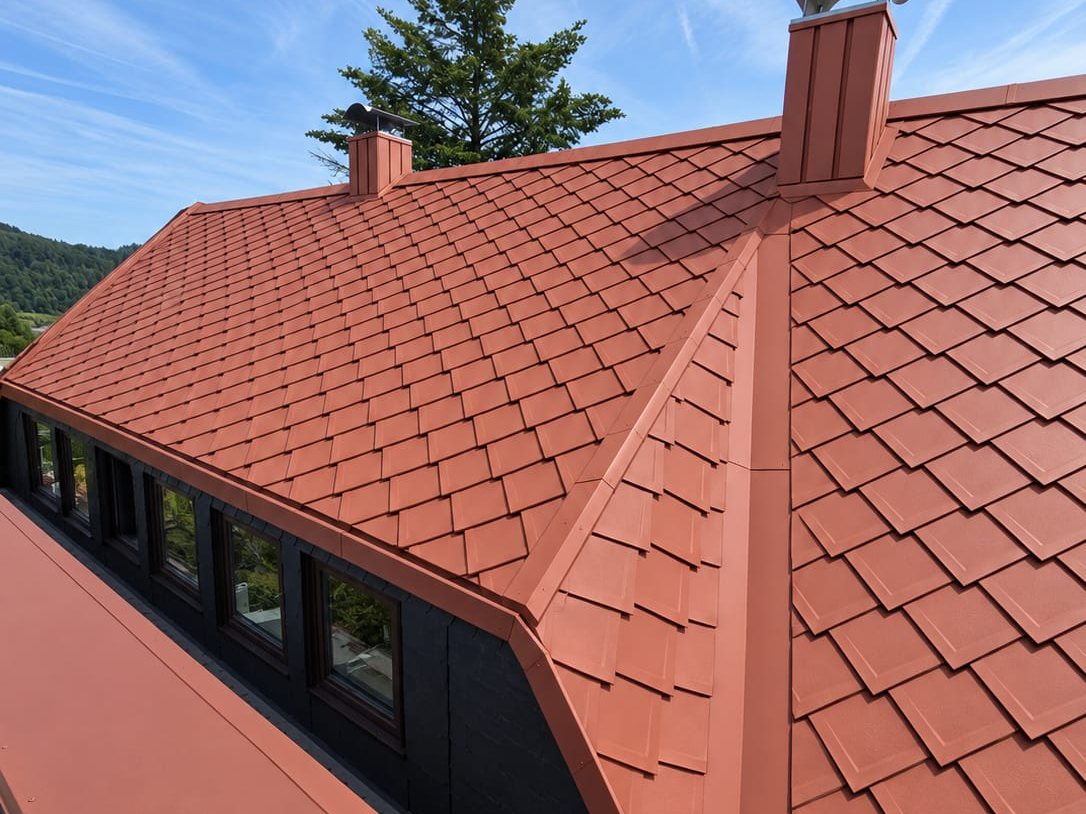 Prefa rhombus roof with dormer band and seam-sheet chimney cladding